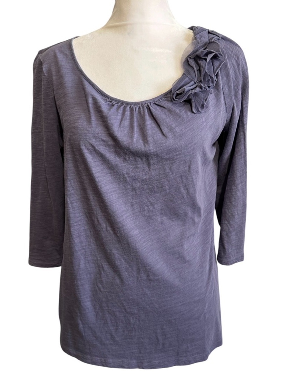 LOFT Lavender Scoop Neck Long Sleeve Top with Shoulder Flower
